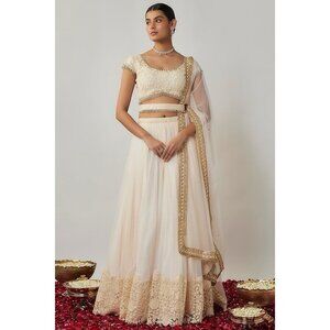 Renee Label Womens Lehenga Set Sz XL XXL Ivory Floral Embroidered Beaded Tulle